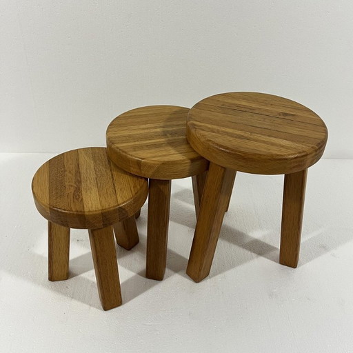 Tables d'appoint brutalistes en chêne clair, années 80, lot de 3