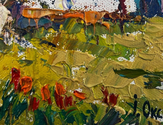 Image 1 of Original Oil Painting Spring Village Landscape Bright day bringing hope and warm