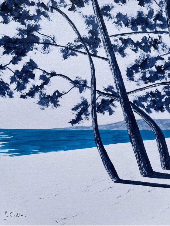 Image 1 of Oost-Indische inkt op wit fabriano papier 300g Onderwerp: Cap Coz Formaat 40x30 cm.