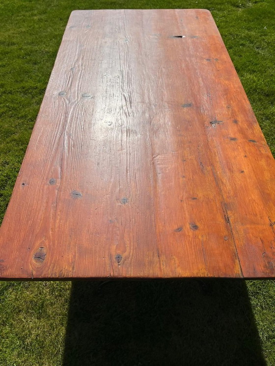 Image 1 of Set Art Nouveau tuinmeubelen in hout en smeedijzer - tafel en 6 stoelen