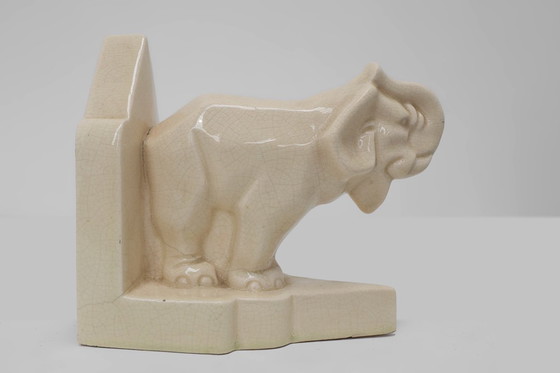 Image 1 of French Art Deco Ceramic Bookends in Elephant Motif, 1930s 