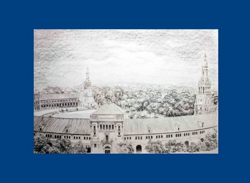 Picture of Plaza de España in Seville. Drawing of Plaza de España in Seville. Seville drawing. Seville painting.
