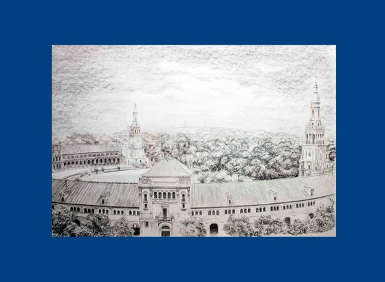 Image 1 of Picture of Plaza de España in Seville. Drawing of Plaza de España in Seville. Seville drawing. Seville painting.