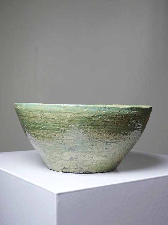 Image 1 of Vintage handmade ceramic bowl, 20th-19th century, celadon green, blue-green, Wabi-Sabi