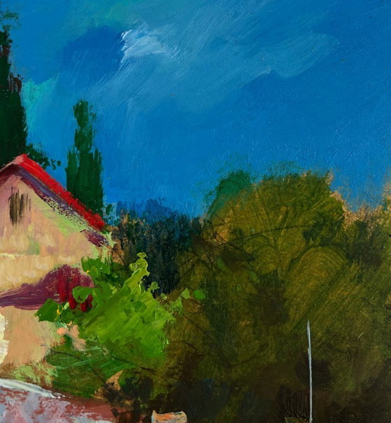 Image 1 of Original Oil Painting Village Bridge Landscape Relaxing by the river on a summer day