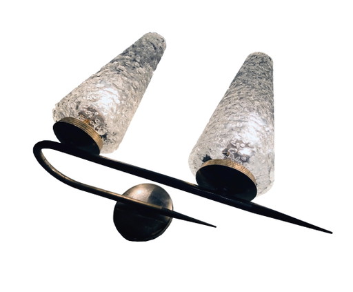 Vintage Double Wall Light - Brass, Steel & Glass - 1950