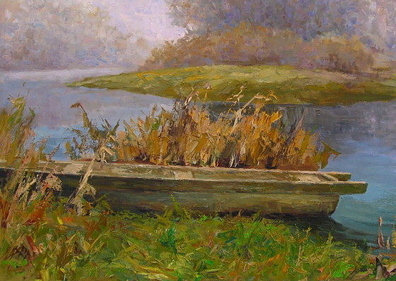 Original Ölgemälde Naturlandschaft Boot Fluss Morgennebel – Gemälde & Zeichnungen, Canvas (photo 6 of 8)