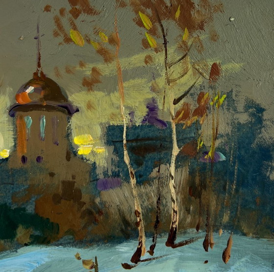 Image 1 of Original Oil Painting Evening Winter Landscape Sunset behind the village