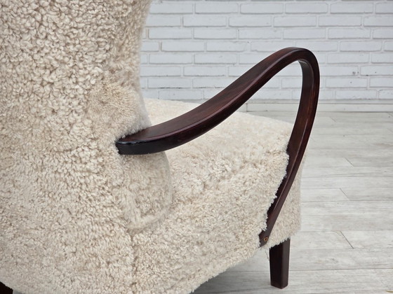 1960s, Danish high-back armchair, genuine sheepskin, reupholstered. – Wood (photo 12 of 22)