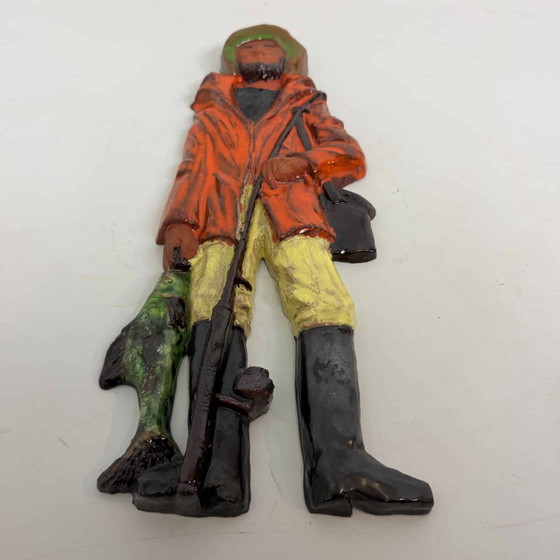 Terracotta wall decoration of a fisherman by Kany, Yellow, Mid Century Modern (photo 2 of 14)
