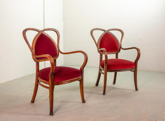 Image 1 of Red Velvet Heartshaped Wooden Vintage Design Side Chairs. Set of 2. 1950s.
