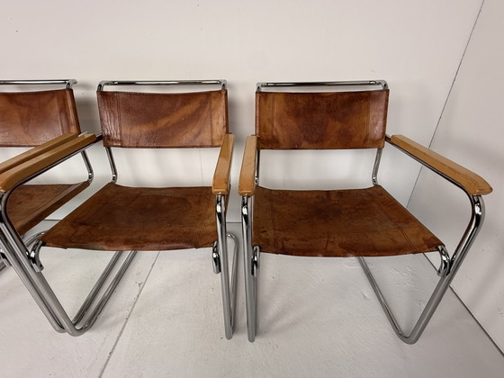 Image 1 of 6 x Thonet S34 tubular frame chairs cognac leather