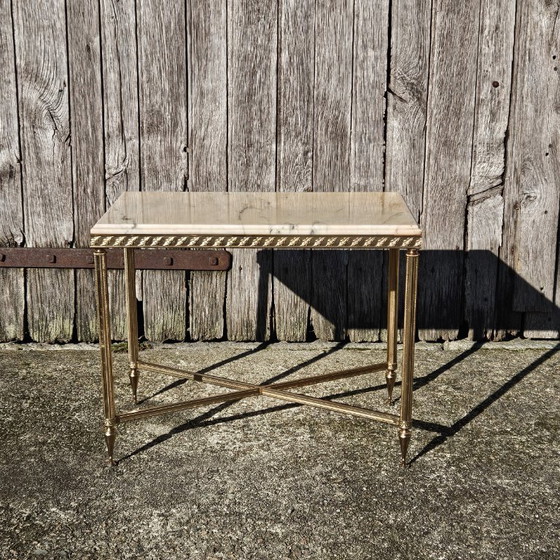Image 1 of French Vintage Marble and Brass Coffee Table-Cocktail Table-Side Table - Hollywood Regency Style-70s
