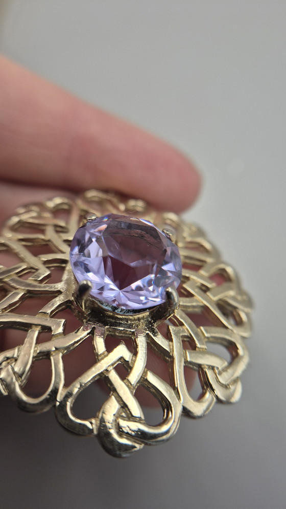 Image 1 of Vintage JAF Scottish Celtic Knot Brooch Kilt Pin Gold Tone Violet Stone Signed