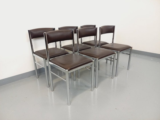 Image 1 of Set di 6 sedie vintage anni '70 in metallo cromato e similpelle marrone