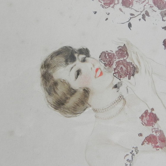 Image 1 of Litografía de Louis Icart con una dama y flores al estilo Art Déco, década de 1920.