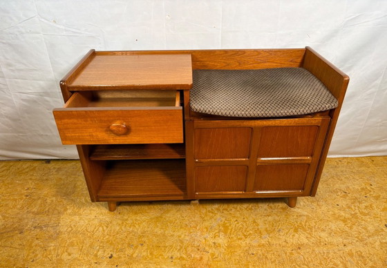 Image 1 of Mid-century retro vintage teak telephone seat by Nathan 1960–1970  Stylish utility|iconic british design|functional storage