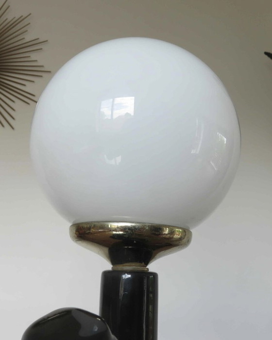 Image 1 of Large Black Ceramic and White Opaline Ball Lamp "Homme Au Lampadaire