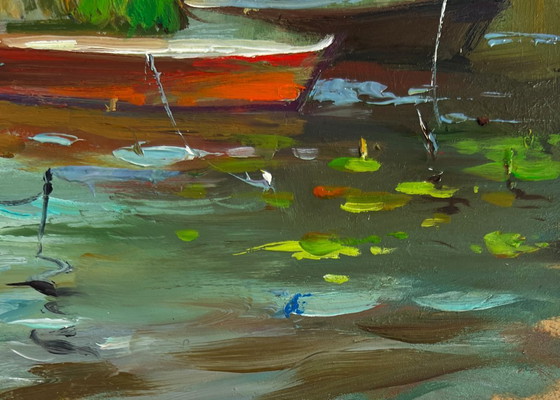 Image 1 of Original Oil Painting Summer River Landscape Boats moored on the shore