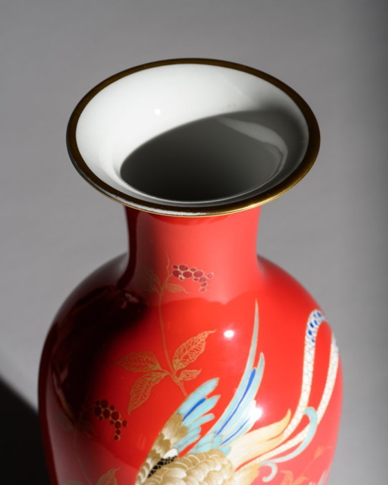 Image 1 of Rosenthal Porcelain Floor Vase Chinoiserie Phoenix Decor Red & Gold Germany 1938