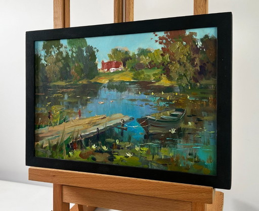 Pintura al óleo original: Paisaje de verano en el río. Barco en un aserradero.