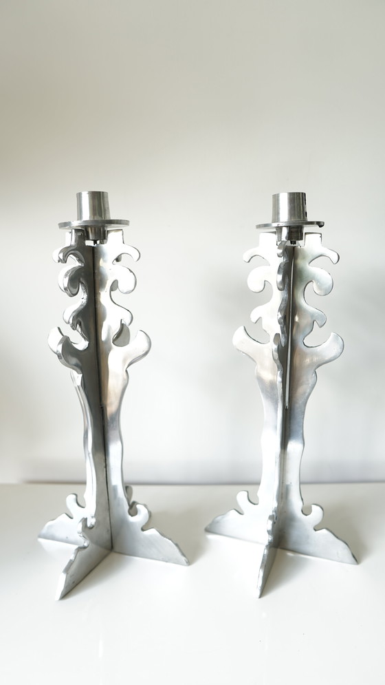 Image 1 of Pair of Brutalist candlesticks in vintage carved chromed metal - 1970s