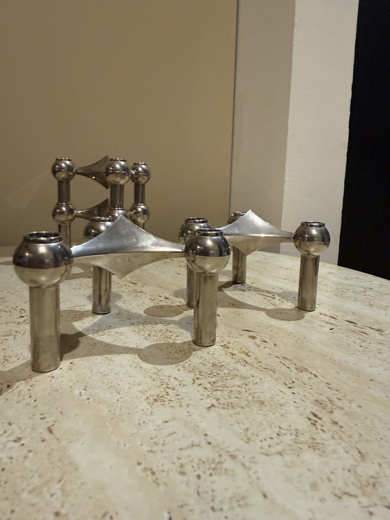 Image 1 of Titre : Ensemble de 9 Bougeoirs Modulaires Nagel/BMF - Chrome Vintage 1960
