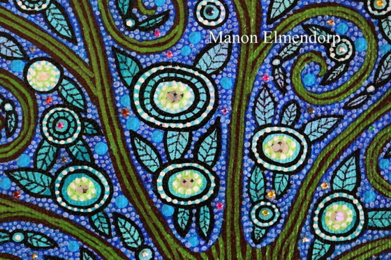 Image 1 of Arbre peint à la main unique avec hibou, neuf