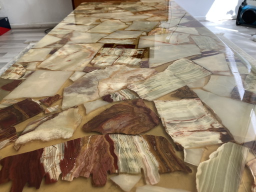 Table basse vintage 1965 | marbre onyx | pieds en bois