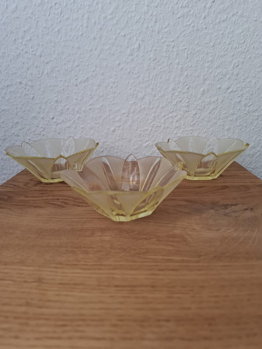 Rudolf Hlouek, Art Deco, Cut glass, Bowls, Citrine, Uranium glass, Luminous
