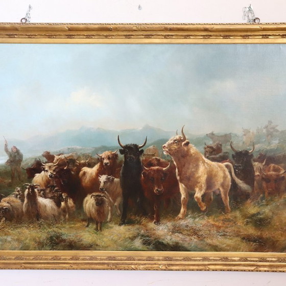 Image 1 of Large Oil Painting on Canvas, Herd of Cattle, Signed Watson W. 19th Century