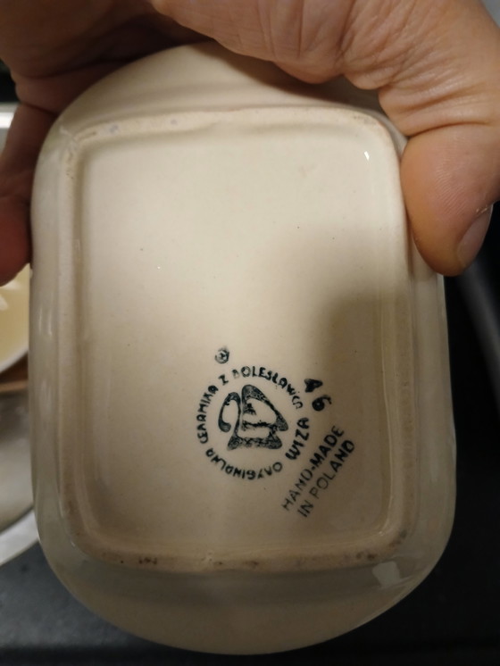 Image 1 of Butter dish Bunzlauer Keramik (also known as Polish Pottery), recognizable by the traditional blue and white dot pattern