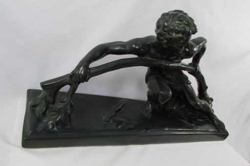 Plaster sculpture with a green bronze patina, signed BON