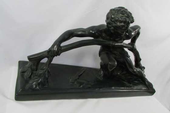 Image 1 of Plaster sculpture with a green bronze patina, signed BON