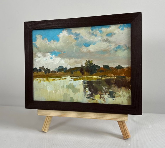 Image 1 of Original Oil Painting Gloomy River Landscape The flow of time and nature