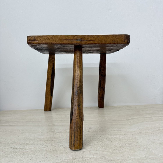 Image 1 of Vintage Brutalist Solid Wooden Stool Side Table