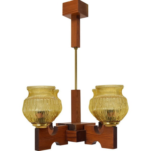 Mid-century kroonluchter van glas en hout, Tsjecho-Slowakije 1980