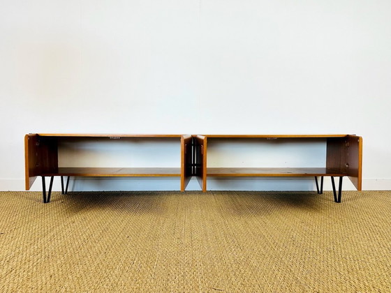 Image 1 of Low Scandinavian teak sideboard with metal compass legs, 1960
