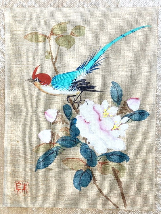 Image 1 of Chinesische Seidenmalerei, 1930, Volkskunst, Orientalische Bienenfresser, Signiert