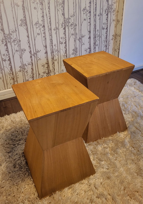 Image 1 of Ensemble géométrique de tables et tabourets en bois des années 70.