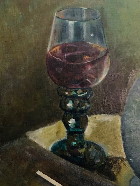Image 1 of Peinture unique signée représentant une pipe, un verre à vin, un livre et une cruche en étain. Signé H. van Leeuwen