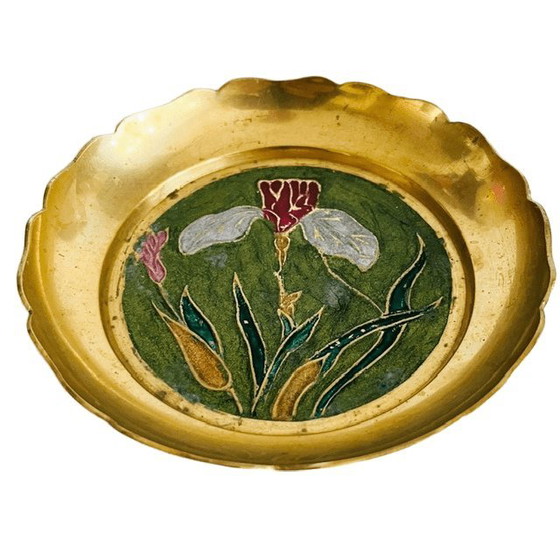 Image 1 of Vintage messing sierbordje bloem schaaltje cloisonne emaille 1980's