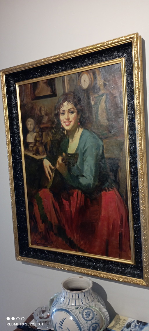 ANTIQUE LARGE PAINTING OF A MANDOLIN PLAYER FROM THE 19TH CENTURY