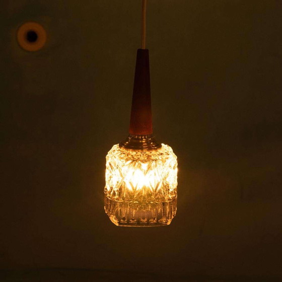 Image 1 of Vintage set of pendant lights glass 60s teak brass & glass pendants