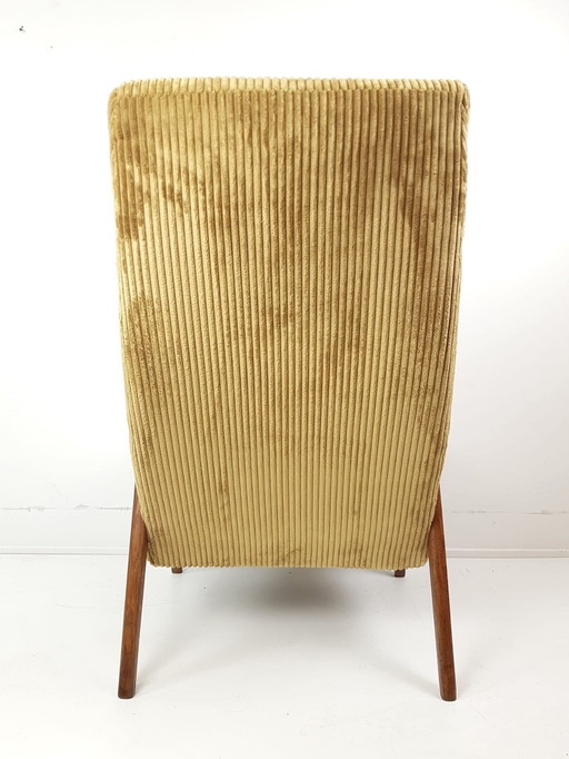 Vintage yellow teak wooden armchair, newly upholstered in mustard