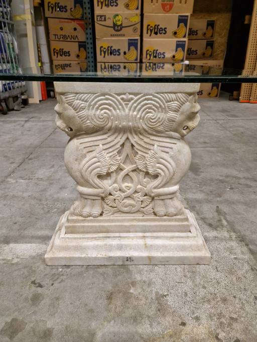 Classic coffee table with glass top and marble pedestals | 109 x 68 x 52 cm