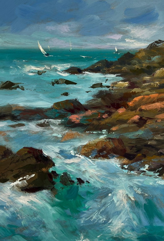 Image 1 of Original Oil Painting Coastal Rock Landscape Sailboats in the distance sea