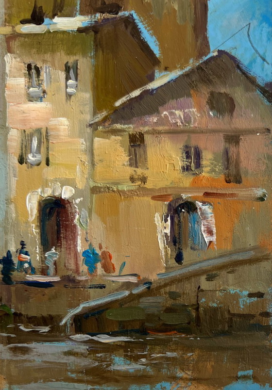 Image 1 of Original Oil Painting Gray City Landscape Shadows of a City Street