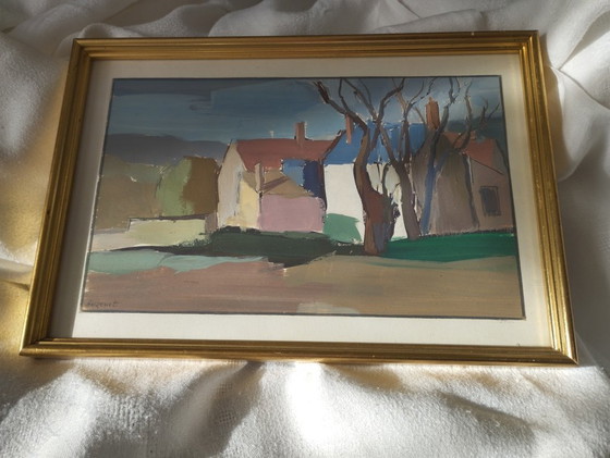 Image 1 of Hameau en hiver - Gouache signée Auzenet