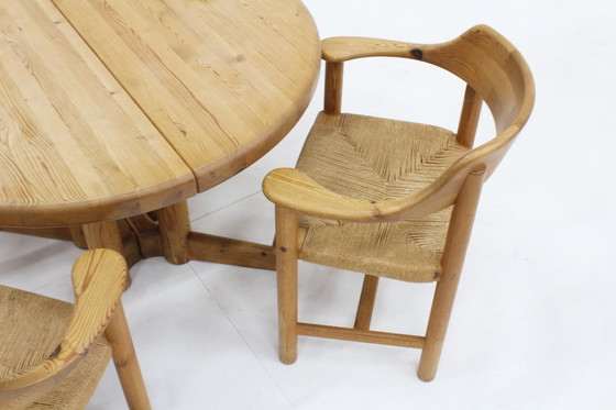 Image 1 of Set Vintage dining table and dining chairs pine wood papercord